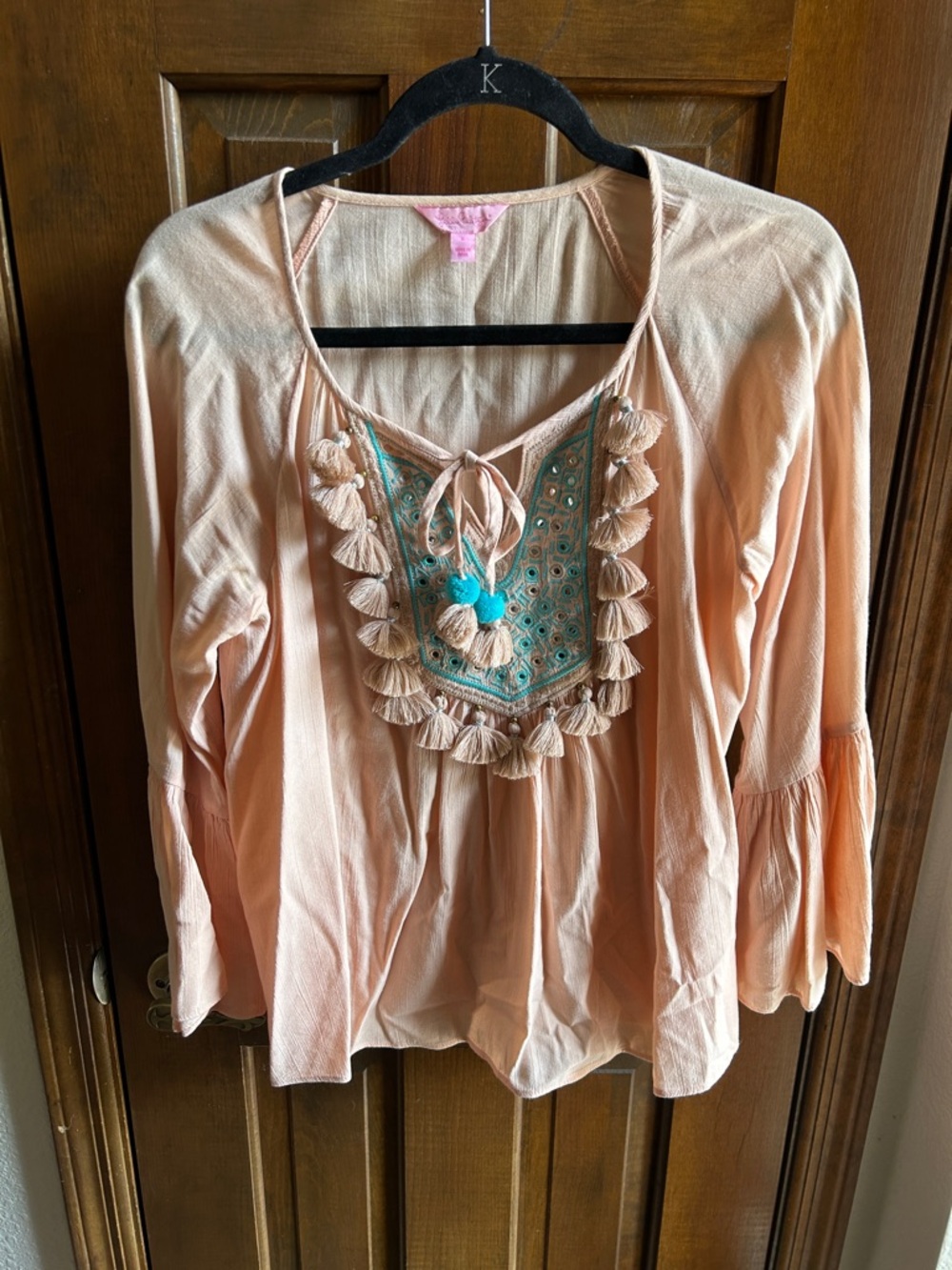 Lilly Pulitzer Peach Boho Tassel Tunic with Turquoise Embroidery